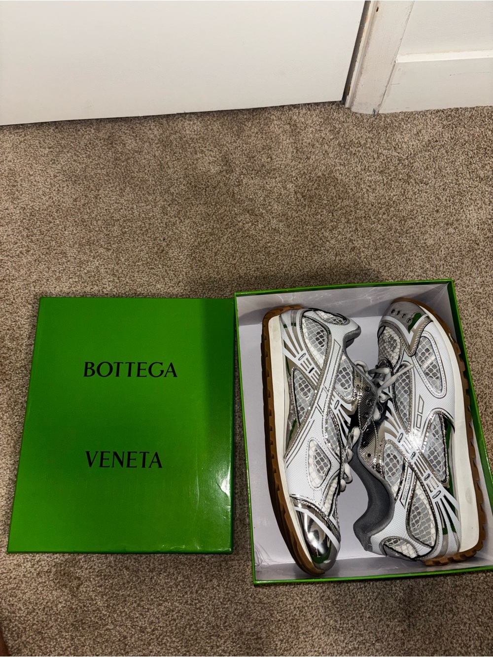 Bottega Veneta White and Brown Women's Sneakers with Silver Accents